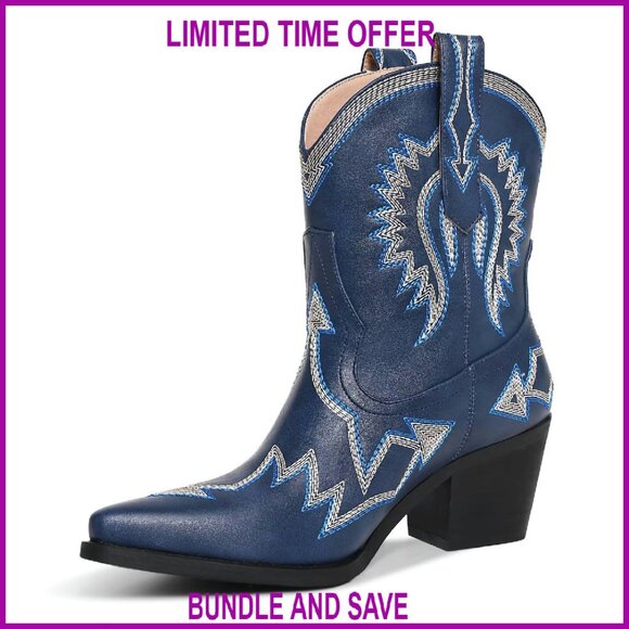 Western Cowgirl Boots Pointed Toe Embroidered Chunky Heel Pull-On Ankle Boots